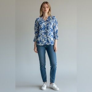 Mille Resort & Travel Ruffle Collar Blouse Blue Floral Blue White Cotton Size S